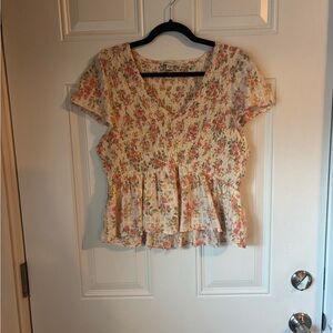 American Eagle Outfitters Floral Smocked Blouse - Cream and Pink